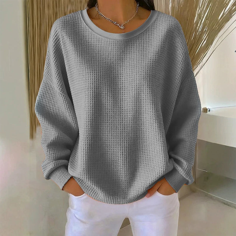 🧇Waffle Knit, Loose & Cozy👚 Women's Waffle-Knit Loose-Fit Sweatshirt – Soft & Relaxed ✨