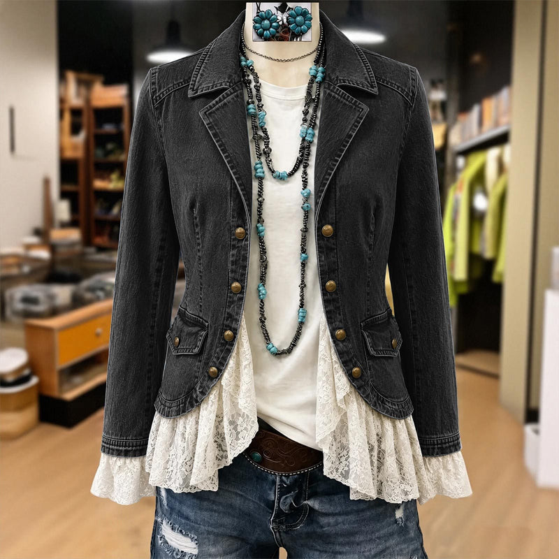 👗Lace Hem, Elegant Tailored Collar🧥 Women's Denim Jacket – Tailored Collar & Lace Hem