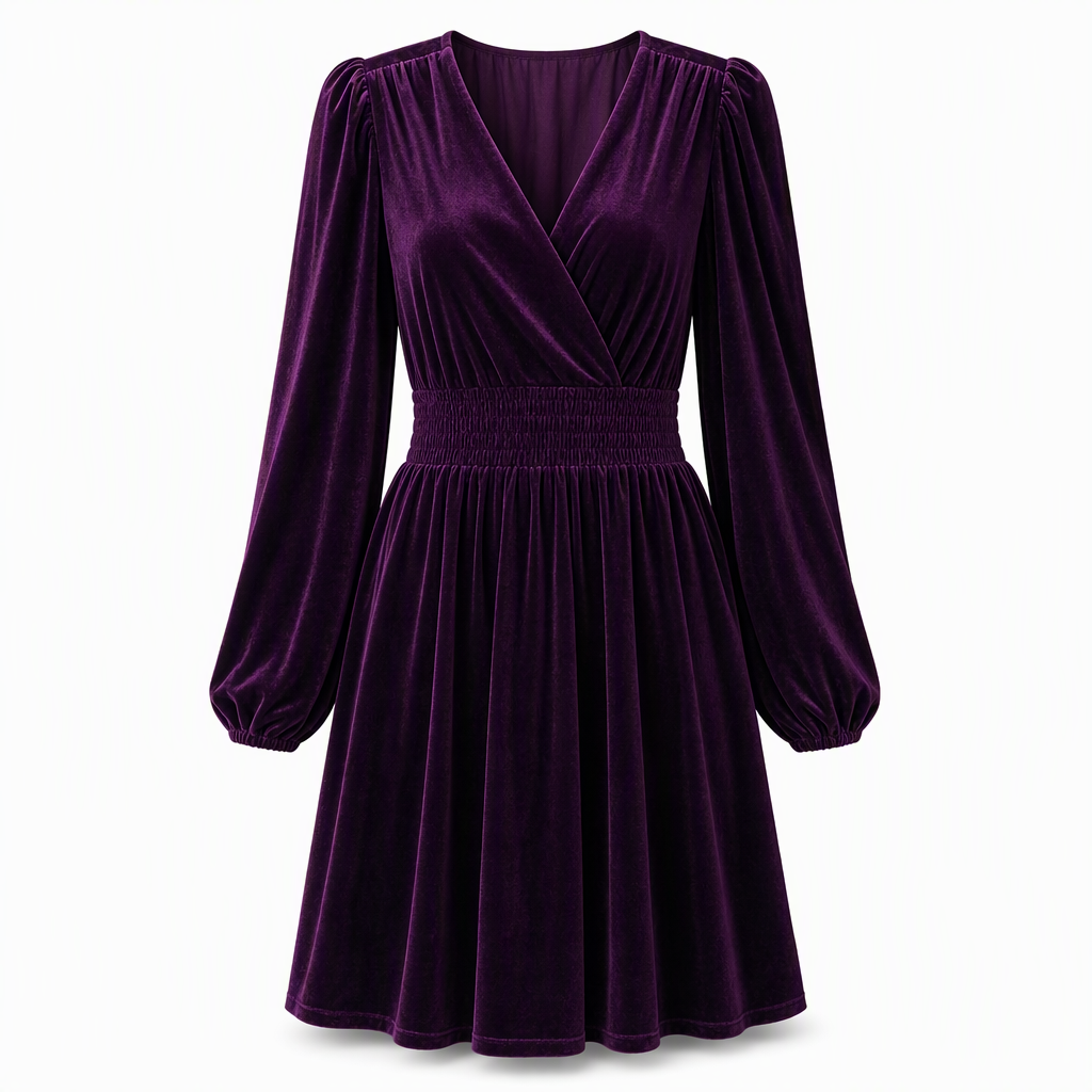 👗Smocked Waist A-Line, Slimming & Flattering – Women's Velvet V-Neck Long Dress ✨