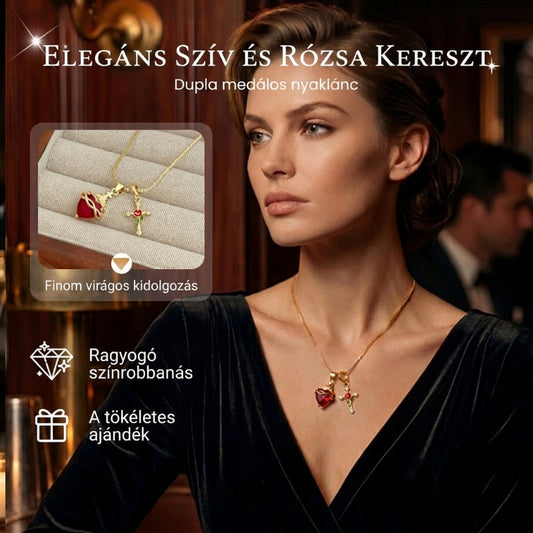 🌹✨ Pandantiv Cruciulită cu Trandafir și Inimă Roșie – Un Cadou Perfect! 💖🎁