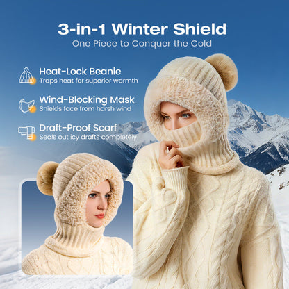 🧣3-in-1, Warm & Windproof❄️ Women's Winter One-Piece Knitted Beanie Scarf Mask – All-in-One Design, Warm & Windproof ✨