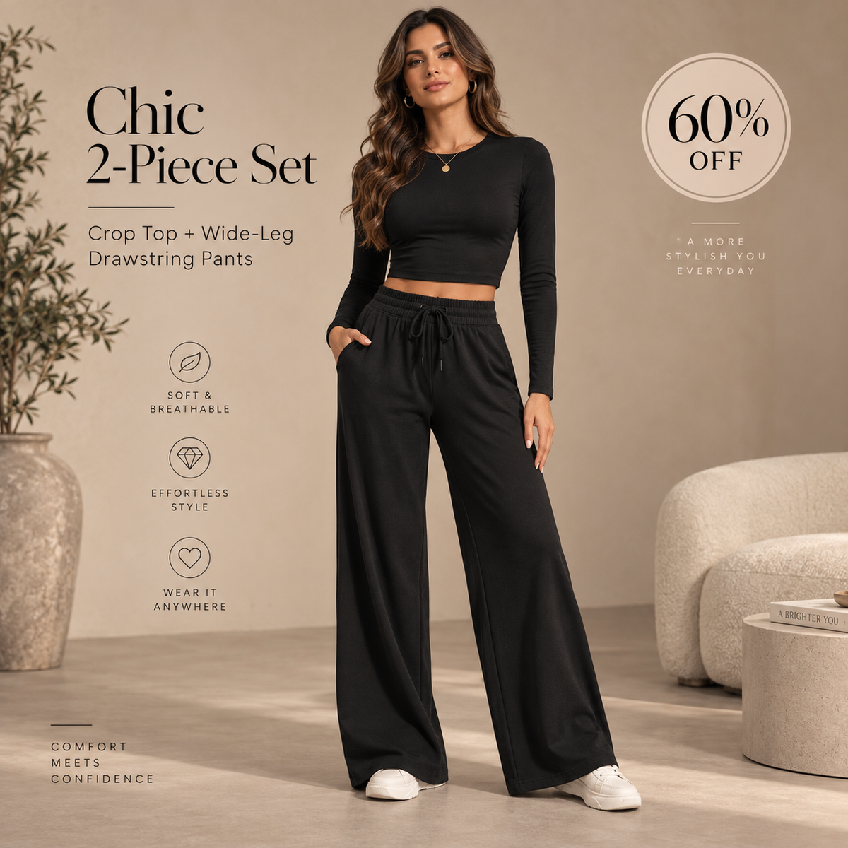 👗High-Waist Slimming, Elongating✨ Women's Two-Piece Set – Fitted Top & Wide-Leg Pants, Flattering Silhouette ✨