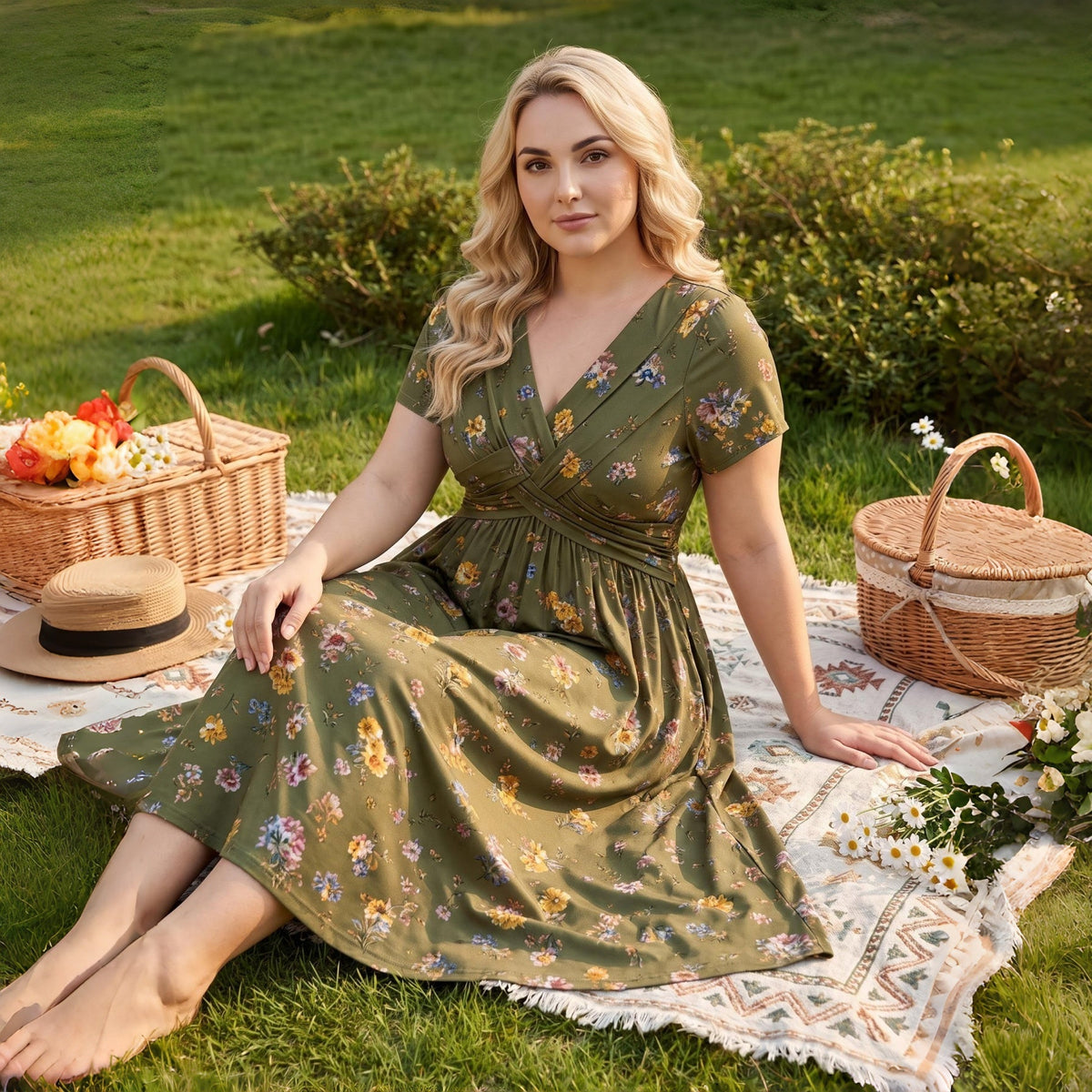 🌸Twist Waist, Slimming Fit👗 Women's V-Neck Floral Dress – Twist Waist Design | Perfect for Dates, Parties & Vacations, Accentuates Your Curves ✨