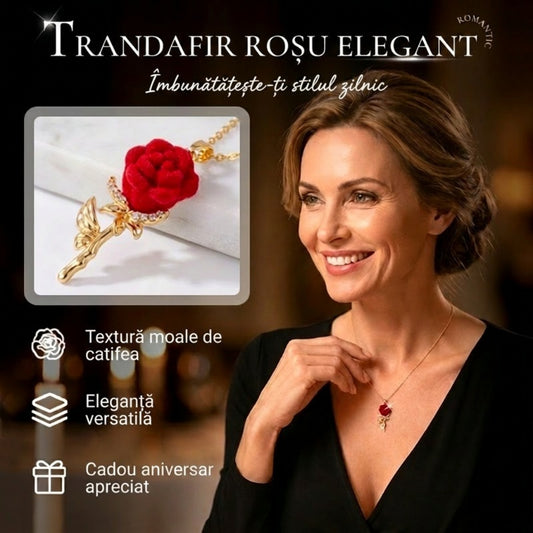 ✨ Colier elegant cu pandantiv în formă de trandafir roșu – accente de cristal, finisaj auriu ✨