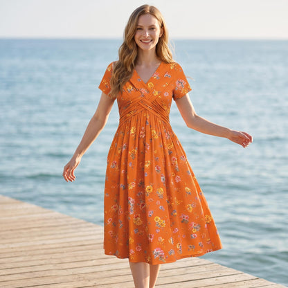 🌸Twist Waist, Slimming Fit👗 Women's V-Neck Floral Dress – Twist Waist Design | Perfect for Dates, Parties & Vacations, Accentuates Your Curves ✨