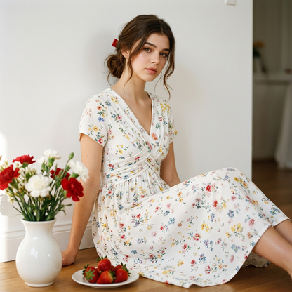 🌸Twist Waist, Slimming Fit👗 Women's V-Neck Floral Dress – Twist Waist Design | Perfect for Dates, Parties & Vacations, Accentuates Your Curves ✨