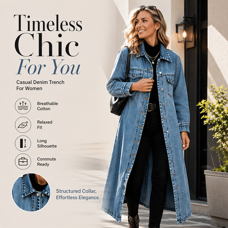 ✨Longline Slimming, Layer in Style🧥 Women's Longline Button-Up Denim Coat – Slim Cut & Layer-Friendly
