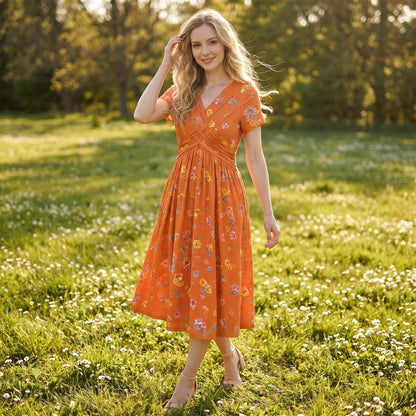 🌸Twist Waist, Slimming Fit👗 Women's V-Neck Floral Dress – Twist Waist Design | Perfect for Dates, Parties & Vacations, Accentuates Your Curves ✨