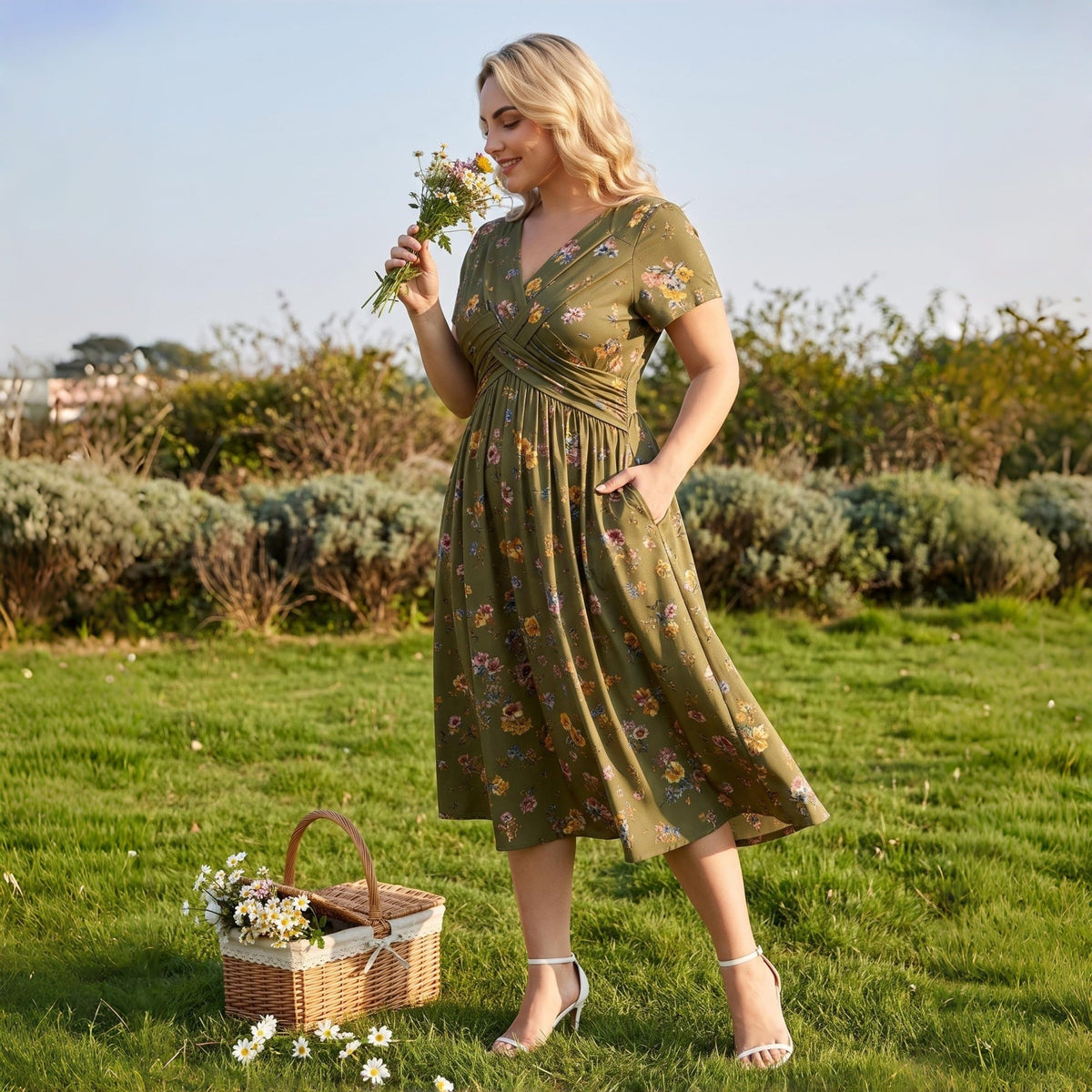 🌸Twist Waist, Slimming Fit👗 Women's V-Neck Floral Dress – Twist Waist Design | Perfect for Dates, Parties & Vacations, Accentuates Your Curves ✨