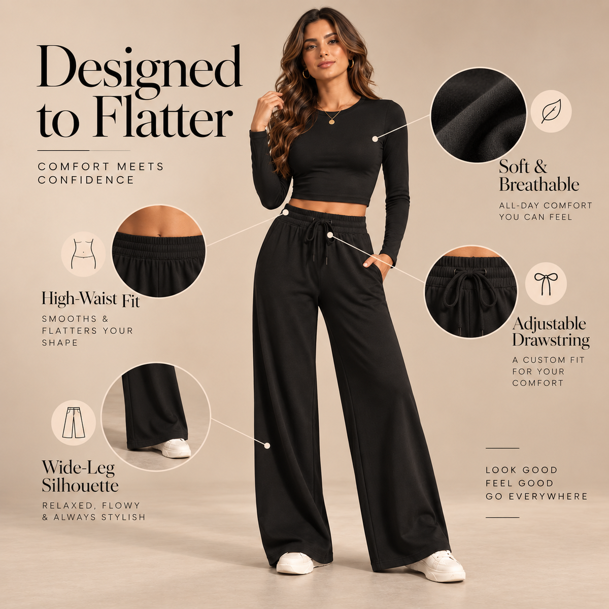👗High-Waist Slimming, Elongating✨ Women's Two-Piece Set – Fitted Top & Wide-Leg Pants, Flattering Silhouette ✨