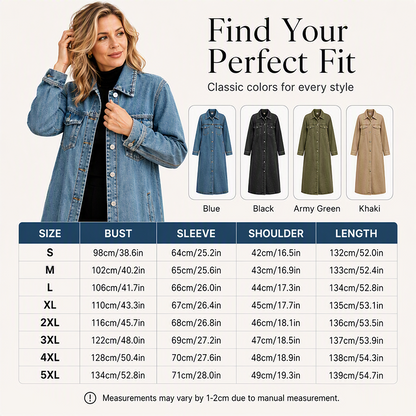 ✨Longline Slimming, Layer in Style🧥 Women's Longline Button-Up Denim Coat – Slim Cut & Layer-Friendly