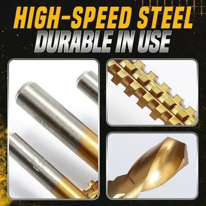 ⚙️50% OFF NOW! 6‑Pcs Titanium‑Coated Twist Drill Bit Set‑ High‑Speed Steel Multi‑Purpose Sawtooth Drill Bits, Cutting & Drilling Combo Tool for Wood, Plastic & Soft Metal DIY Projects