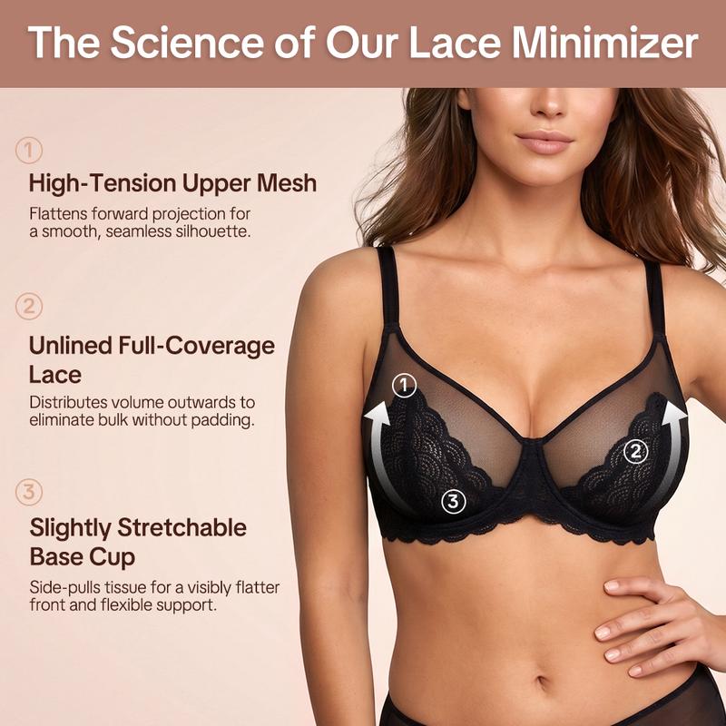 🖤Minimiser Effect, Full Cup Support👙 Mermaid Scales Lace Bra – Wide Side Bands & Adjustable Straps | Perfect for Full-Busted Women, Smooths Side Bulges ✨
