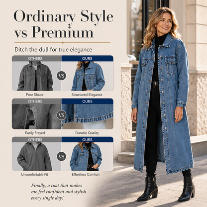 ✨Longline Slimming, Layer in Style🧥 Women's Longline Button-Up Denim Coat – Slim Cut & Layer-Friendly