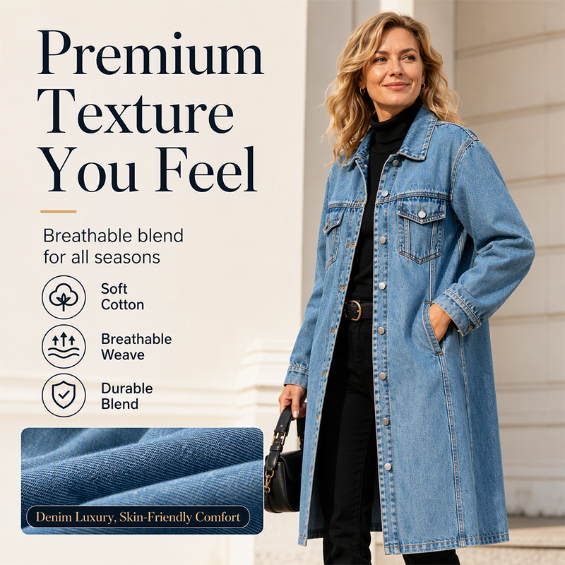 ✨Longline Slimming, Layer in Style🧥 Women's Longline Button-Up Denim Coat – Slim Cut & Layer-Friendly