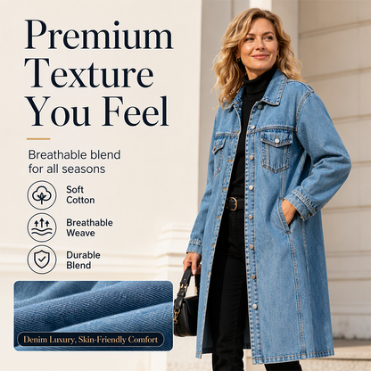 ✨Longline Slimming, Layer in Style🧥 Women's Longline Button-Up Denim Coat – Slim Cut & Layer-Friendly