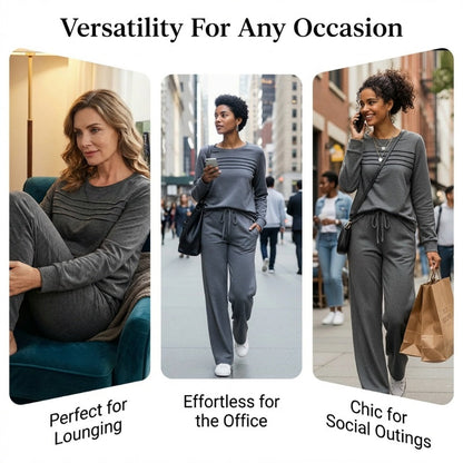 👚Elegant Pleats, Urban Casual – Women's Crew Neck Top & Drawstring Pants Set, Relaxed & Comfortable ✨