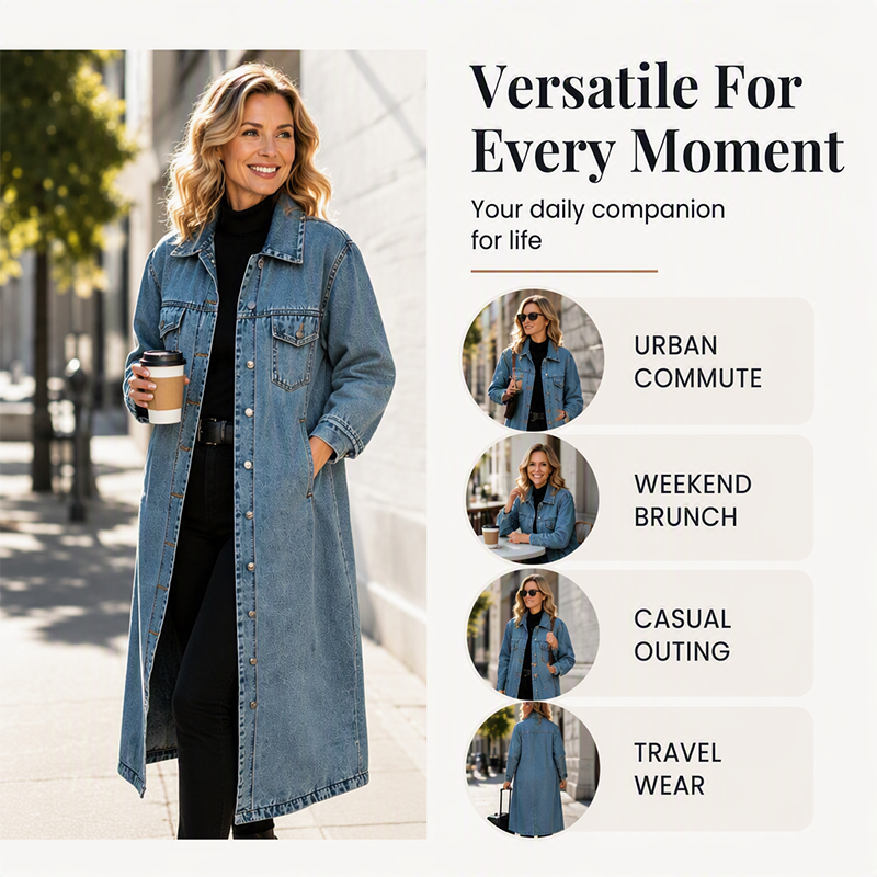 ✨Longline Slimming, Layer in Style🧥 Women's Longline Button-Up Denim Coat – Slim Cut & Layer-Friendly