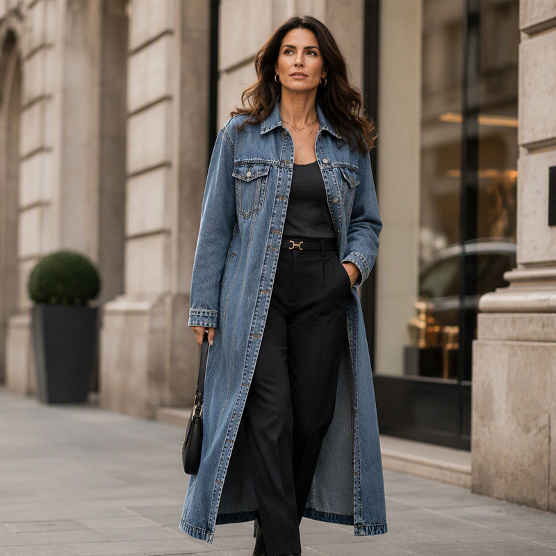 ✨Longline Slimming, Layer in Style🧥 Women's Longline Button-Up Denim Coat – Slim Cut & Layer-Friendly
