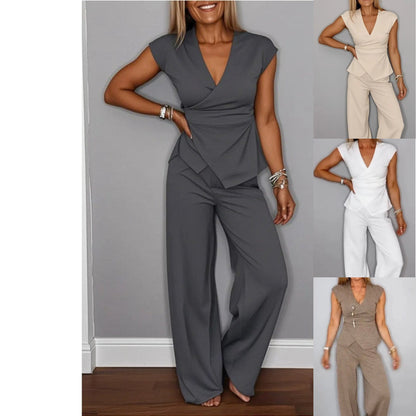 💋Set elegant de top și pantaloni cu decolteu în V pentru femei