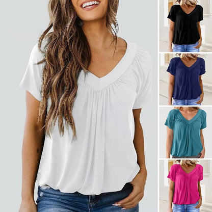 💖 V-Neck Casual plisat cu mânecă scurtă Top