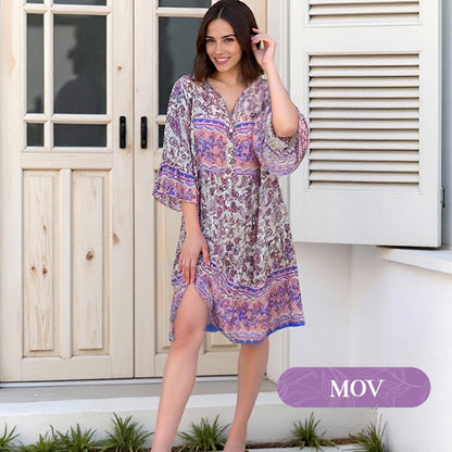 🌸Rochie Midi cu Mâneci Evazate și Decolteu în V