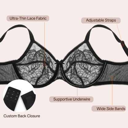 🖤Minimiser Effect, Full Cup Support👙 Mermaid Scales Lace Bra – Wide Side Bands & Adjustable Straps | Perfect for Full-Busted Women, Smooths Side Bulges ✨