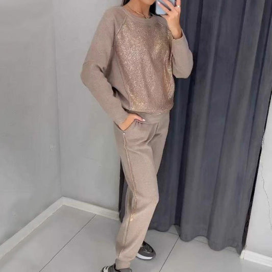 Set de două piese pentru femei cu pietre strălucitoare și pantaloni casual