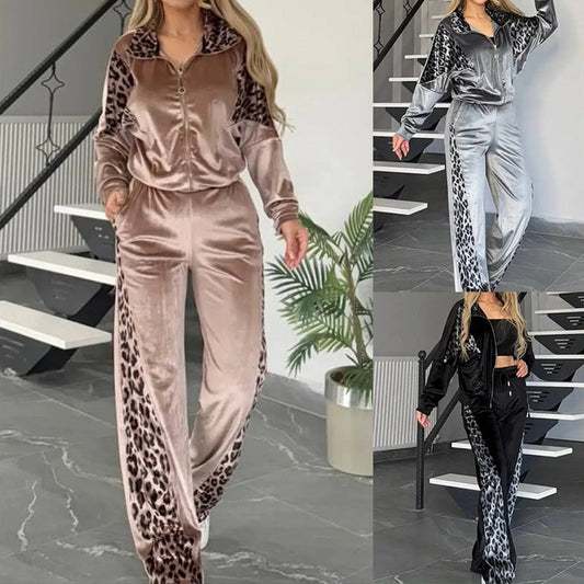☁️Comfortable & Stretchy, Casual & Home – Women's Leopard Zip Top & Drawstring Pants Set ✨