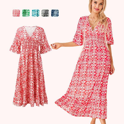 【S-5XL】🌸Rochie lungă cu imprimeu în V