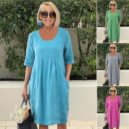 💖 Rochie midi tunică cu buzunare din bumbac, bumbac și in