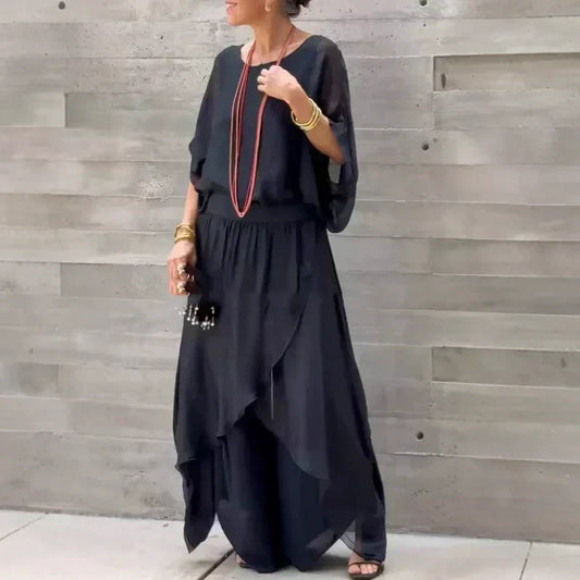 💖【S-4XL】Set din două piese cu bluză lejeră din șifon și pantaloni cu picior lat