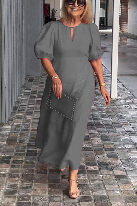 🎉【M-3XL】Rochie cu mâneci cu bule din bumbac și in de culoare solidă