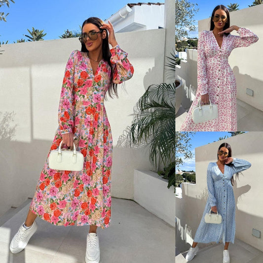 🌸Moda V-neck butonat Floral maneca lunga
