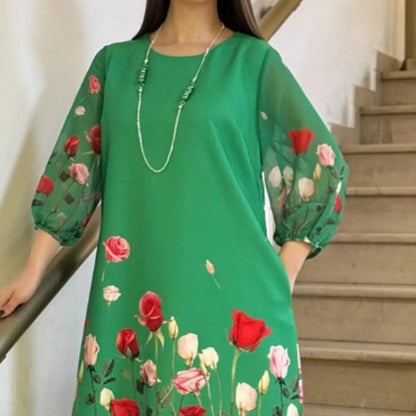 Rochie florală elegantă de damă cu decolteu rotund