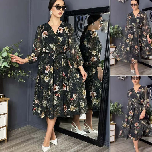 V-neck negru imprimate rochii pentru femei