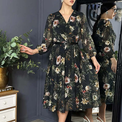 V-neck negru imprimate rochii pentru femei