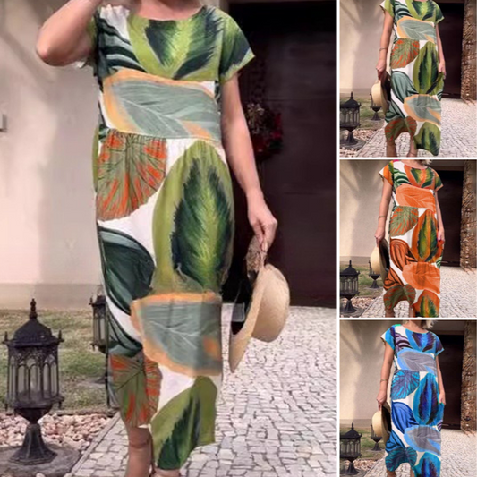 😍😍🔥Rochie pentru femei cu imprimeu frunze, decolteu rotund, deschidere laterală și mâneci scurte💞🌸