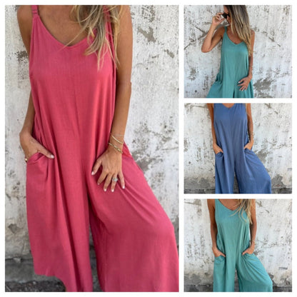 👗 Salopetă lejeră din bumbac și in cu buzunare