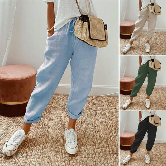 Pantaloni casual din bumbac și in pentru femei