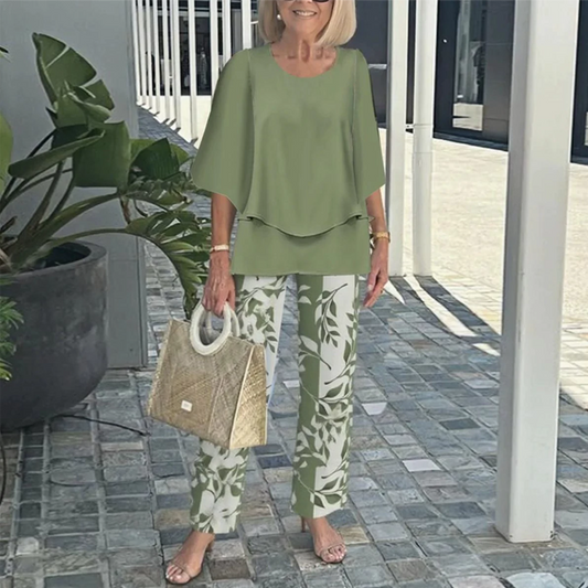 💐Set pantaloni imprimați și top cu gât rotund