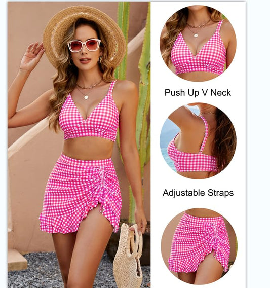 👙💥Set de bikini cu talie înaltă pentru femei Tummy Tuck Plaid