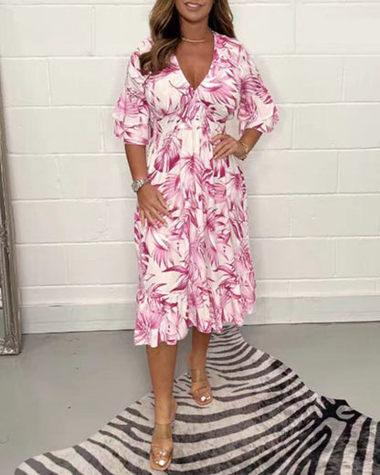 👗Rochie tipărită cu decolteu în V și jumătate de corp💃