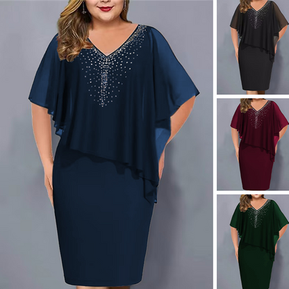 🔥Rochie cap cu gât în V cu pietre prețioase și suprapunere de șifon💃