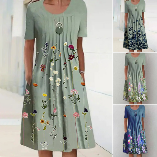 Rochie de lungime genunchi cu gât rotund floral pentru femei