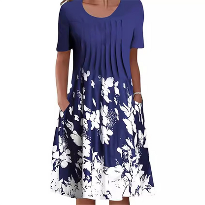Rochie de lungime genunchi cu gât rotund floral pentru femei