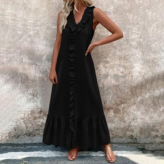 Women's Casual V-Neck Sleeveless Ruffled Maxi Dress