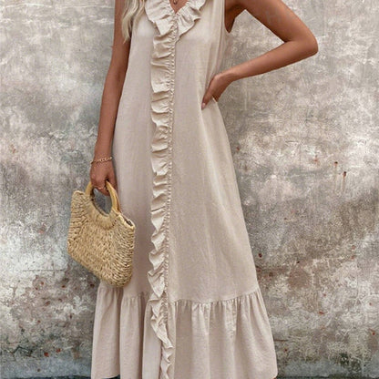 Women's Casual V-Neck Sleeveless Ruffled Maxi Dress