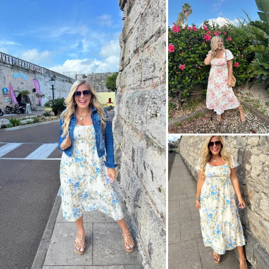 🌼 Rochie cu mânecă scurtă pentru femei cu gât pătrat imprimat plisat