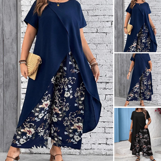 🌸 Top și pantaloni imprimate de culoare solidă pentru femei